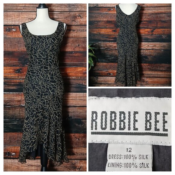 Robbie Bee Vintage Silk Midi Dress Size 12 Black Tan Abstract Floral Retro Flare - Picture 1 of 7